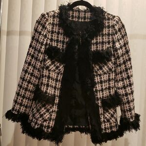 Stylish Pink and Black Tweed Blazer with Fringe Trim